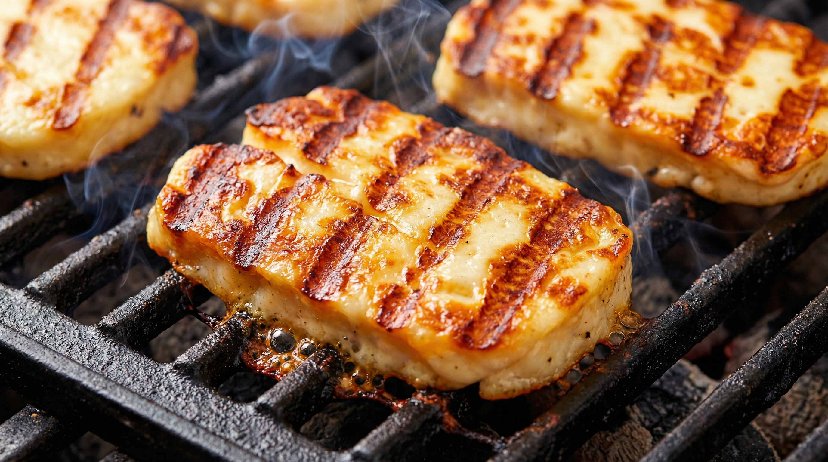 Grillaki cheese sizzling on the grill
